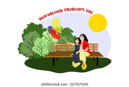 Happy Asian family sits on a park bench in sunny weather with balloons. Family, mothers, childrens, fathers, sons, daughters, siblings day celebration conceptual vector design.