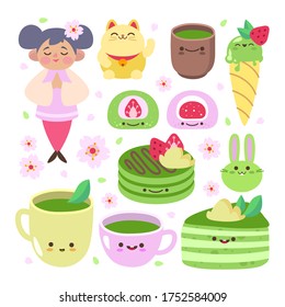 Happy asian girl with cute set of different tea products made from matcha. Matcha powder, ice cream, cake, drink, sweets, tea, tea leaves. 