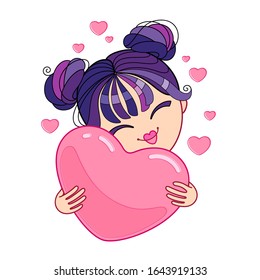 Happy Asian girl hugs a great pink Valentine. Cute female character holds a love gift and squints with a pleasure. Vector userpic with a double buns hairstyle. Emoji for mobile apps and online chats