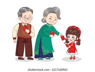 Happy Asian girl receiving a red envelope from her grandparents for the Lunar New Year - Shutterstock ID 2217160963