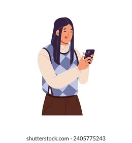 Feliz niña asiática navegando por internet, riendo. Mujer joven se comunica, chatea por mensaje de texto en un smartphone. Persona que recorre los medios sociales por teléfono móvil. Ilustración vectorial aislada plana sobre fondo blanco