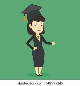 Happy asian graduate in cloak and graduation cap. Successful graduate giving thumb up. Joyful graduate celebrating graduation. Concept of education. Vector flat design illustration. Square layout.