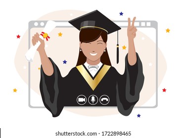 Feliz estudiante asiática graduada en capa, que asiste a la ceremonia de graduación de la Clase 2020 celebrando a través de videollamadas remotamente en línea. Medida de distanciamiento social de cuarentena para detener el vector del coronavirus