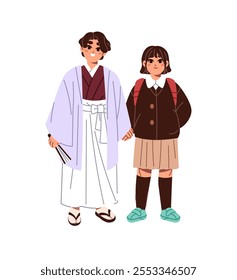 Happy Asian kids siblings, friends in traditional clothes, kimono hold hands. Cute children, Japanese sister and brother smile, stand together. Flat isolated vector illustration on white background