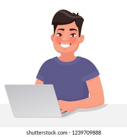 Happy Asian Man Behind Laptop Monitor Stock Vector (Royalty Free ...