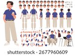 Happy asian man character. Set of hands legs body and head positions for creating animations and your own illustrations. DIY kit. Vector illustration in flat style