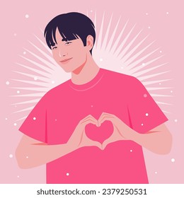 Happy Asian man is making a heart sign with his hands. Love gesture. Portrait of a loving husband. Valentines day postcard. Vector flat illustration