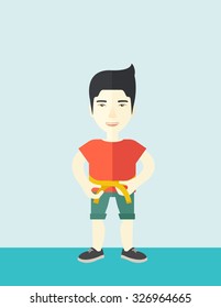 A happy asian man measures his waist vector flat design illustration. Sport concept. Vertical layout with a text space.