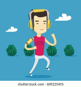 Happy asian man running with earphones and armband for smartphone. Young man using armband for smartphone to listen to music while running in the park. Vector flat design illustration. Square layout.