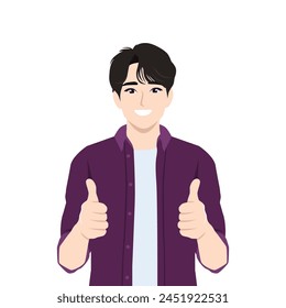 Happy asian man shows gesture cool two thumbs up. Flat vector illustration isolated on white background