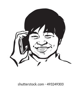 Happy Asian man talking by phone. Smiling chinese businessman. Black and white sketch style hand drawn vector illustration. Isolated.