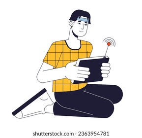 Happy asian man with wireless control console flat line color vector character. Editable outline full body person on white. Simple cartoon spot illustration for web graphic design