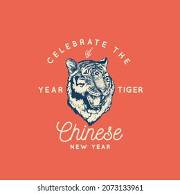 Happy Asian New Year 2022 Greeting Card Template. Hand Drawn Tiger Face Chinese Zodiac Sign Label on Red Background. Oriental Holiday Symbol. Isolated.