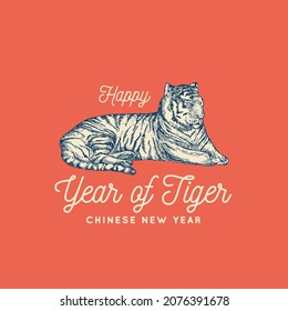 Happy Asian New Year 2022 Greeting Card Template. Hand Drawn Tiger Lying Chinese Zodiac Sign Label on Red Background. Oriental Holiday Symbol. Isolated.