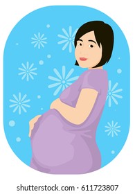 Happy asian pregnant woman wearing purple dress