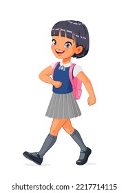 Happy Asian school girl walking with backpack. Cartoon vector illustration isolated on white background.