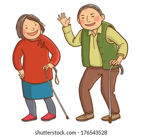 Happy asian senior couple. Isolated objects on white background. Great illustration for school books. magazines, advertising  and more. VECTOR.