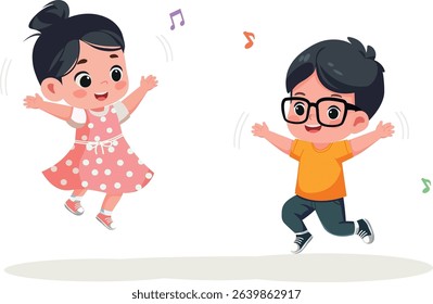Happy Asian Toddler Boy and Girl Jumping – Cartoon Vector Illustration