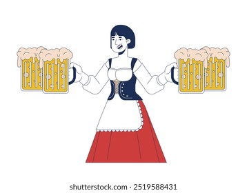 Happy asian waitress holding craft beer mugs 2D cartoon character. Korean female wearing dirndl at oktoberfest isolated person flat vector on white background. Spot illustration colorful