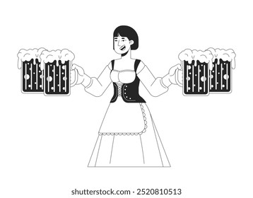 Feliz garçonete asiática segurando canecas de cerveja artesanal preto e branco personagem linha 2D. Mulher coreana vestindo dirndl em oktoberfest isolada vetor pessoa contorno. Ilustração de ponto monocromático