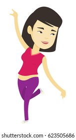 Happy asian woman dancing. Woman dancer with arm raised in motion. Smiling woman during dance workout. Young woman doing dance moves. Vector flat design illustration isolated on white background.