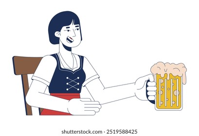 Mujer asiática feliz que disfruta del carácter 2D de la historieta de la cerveza del arte. Turista coreana positiva que celebra el Vector plano aislado de la persona del oktoberfest en el fondo blanco. Ilustración de punto colorido