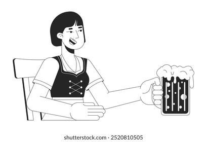 Happy asian woman enjoying craft beer black and white 2D line character. Positive korean female tourist celebrating oktoberfest isolated vector outline person. Monochromatic spot illustration