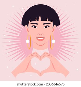 Happy Asian woman making a heart with her hands. Portrait of a young oriental fashion model. Love gesture. Avatar of a smiling teenager Vector flat illustration