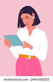 Happy Asian woman planning day with tablet. Person standing and sending messages. Smiling teacher using education app. Vector flat illustration