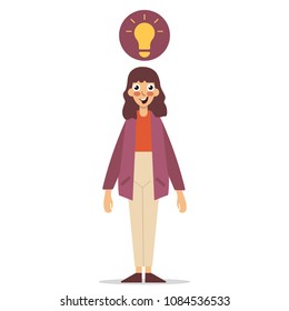 Happy Asian woman standing light bulb drawn above her head. Concept about ideas.