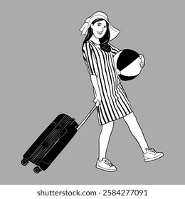 Happy Asian woman traveler standing and holding beach ball with suitcase isolated