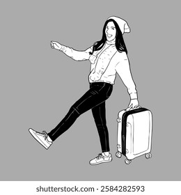 Happy Asian woman traveler walking and holding luggage isolated