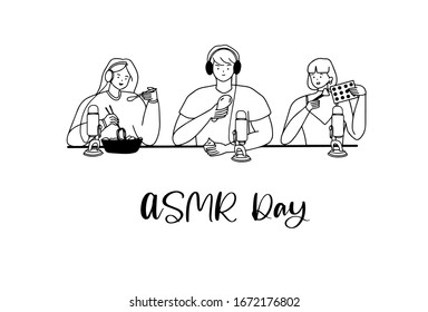 Happy ASMR day Group of people making ASMR sounds. Blogger make video or audio webcast for social media. Blogger eating online near microphone. Woman using brush on microphone flat vector illustration