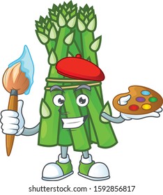 Happy asparagus painter cartoon icon with brush
