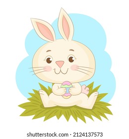 Happy Aster Bunny Holding Egg For Easter Greeting Card