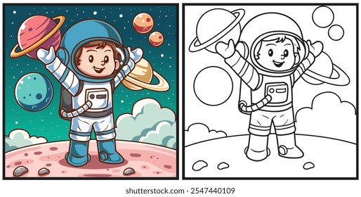 Happy astronaut boy coloring page illustration