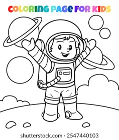 Happy astronaut boy outline coloring page illustration