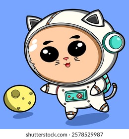 
A happy astronaut cat reaching for a yellow moon in space. This fun vector illustration is perfect for projects related to space exploration, adventure, and fantasy themes.