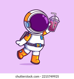 The happy astronaut is drinking a boba and show it to other people of illustration