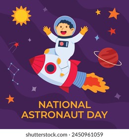 Happy astronaut exploring outer space riding rocket.