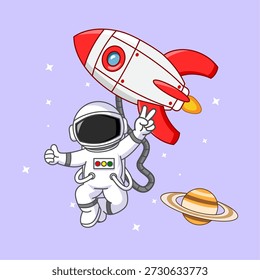 Astronauta feliz que flota en el espacio con el diseño de dibujos animados de la Ilustración vectorial del cohete y de Saturno