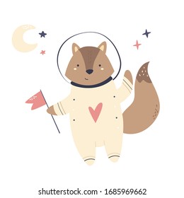 Happy astronaut fox in a spacesuit and helmet. Adorable animal design. Vector illustration