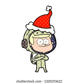 happy astronaut hand drawn comic book style illustration of a wearing santa hat