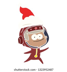 happy astronaut hand drawn flat color illustration of a wearing santa hat