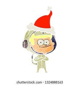 happy astronaut hand drawn retro cartoon of a wearing santa hat