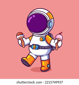 The happy astronaut is having two ice creams on his hand and being so childhood of illustration