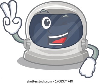 Happy astronaut helmet cartoon design concept with two fingers