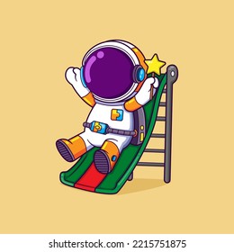 The happy astronaut is holding the magic star wand and sliding on the slide of illustration