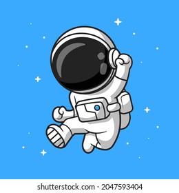 Ilustración del icono del vector de dibujos animados del astronauta feliz. Concepto de icono de la tecnología de la ciencia Vector Premium aislado. Estilo de dibujo plano