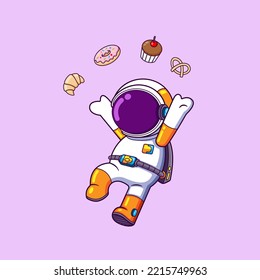 The happy astronaut is jumping and throwing a cookies and the sweet dessert of illustration